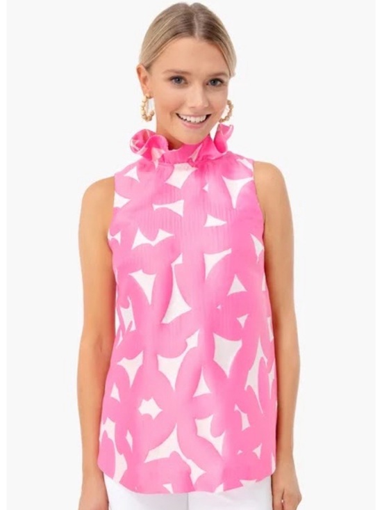 Tuckernuck Tops - TUCKERNUCK Pink Italian Floral Jacquard Mason Blouse Tie Back Mock Neck - XSmall